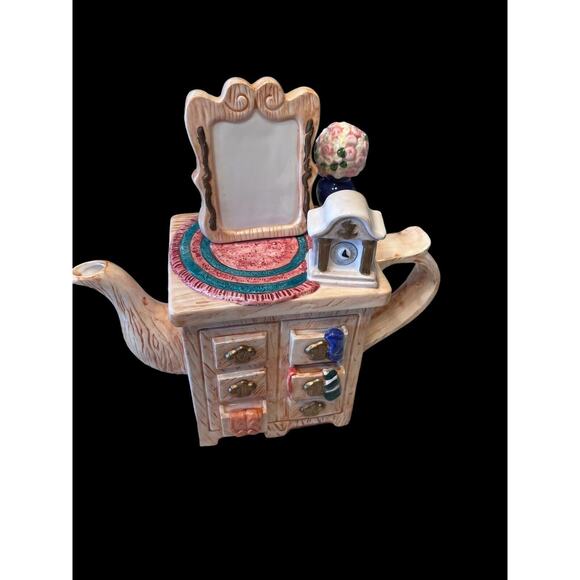Seymour Mann Teapot Dresser w/Mirror Clock Flowers Socks Tan Brown Blue Vtg EUC - Picture 6 of 8